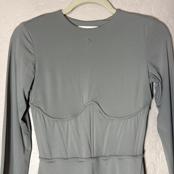 Meshki Astrid long sleeve corset body con mini dress in sage green - Picture 2 of 9